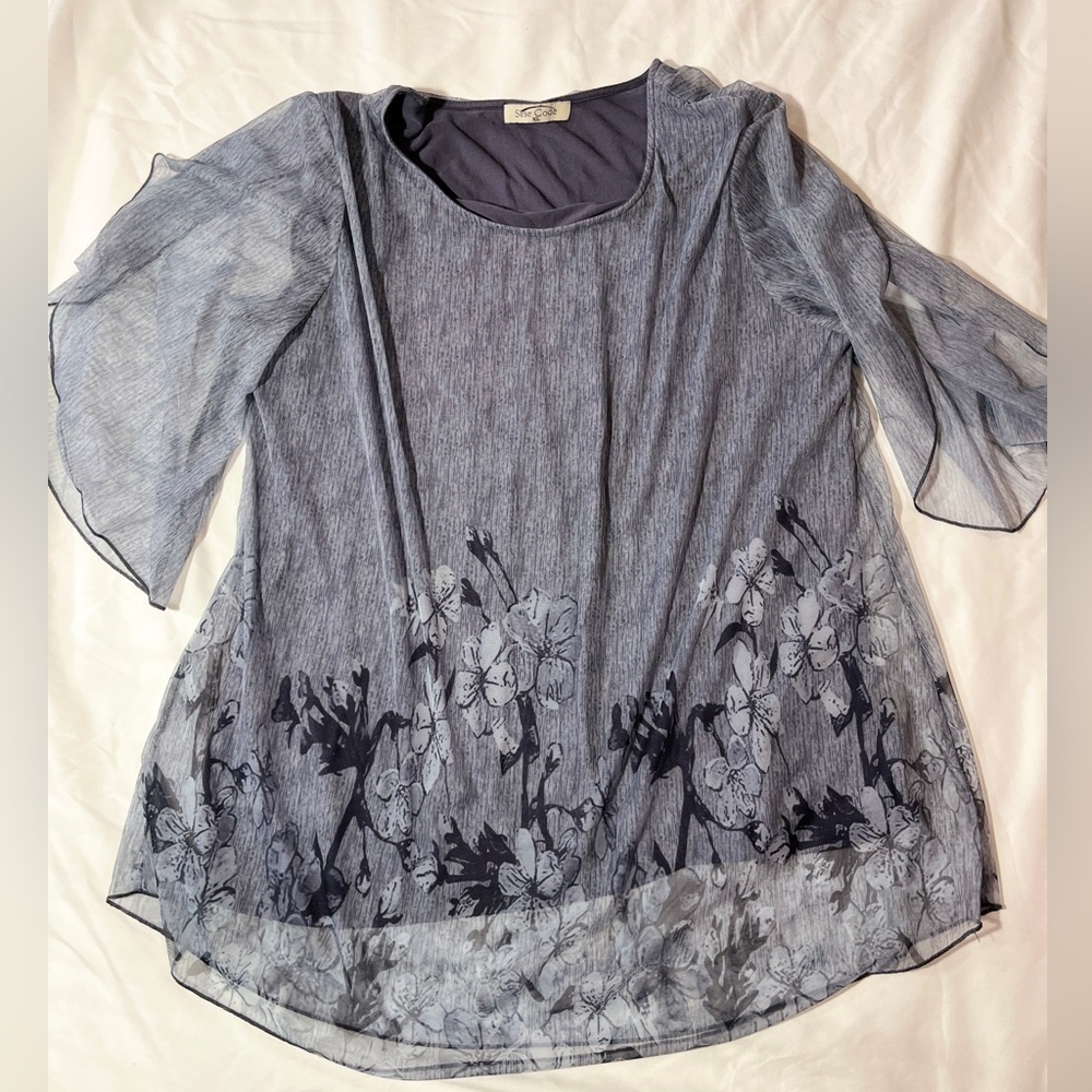 Chiffon Floral Women's Blouse with Sheer Sleeves - Grey